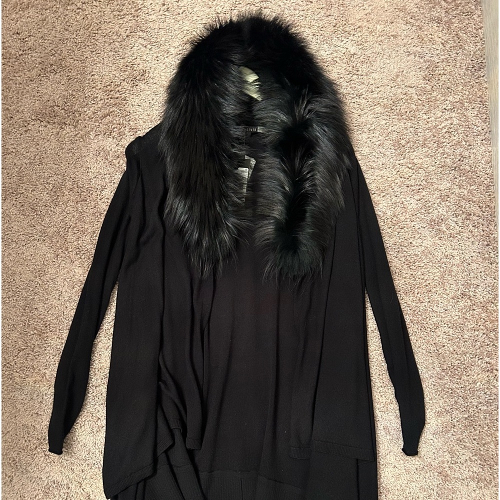 Black Alice + Olivia light cardigan with detachable Silver Fox Fur collar